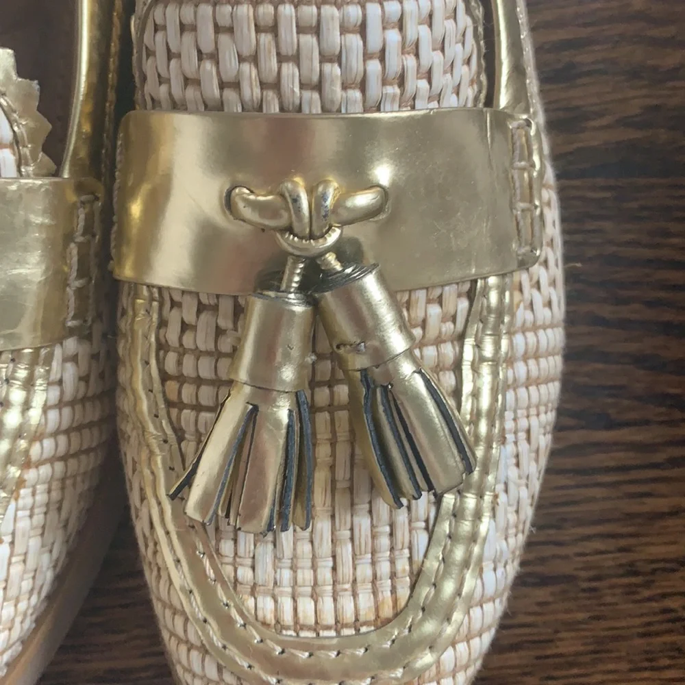 Tory Burch Cream Woven Tassel Loafers with Gold Trim